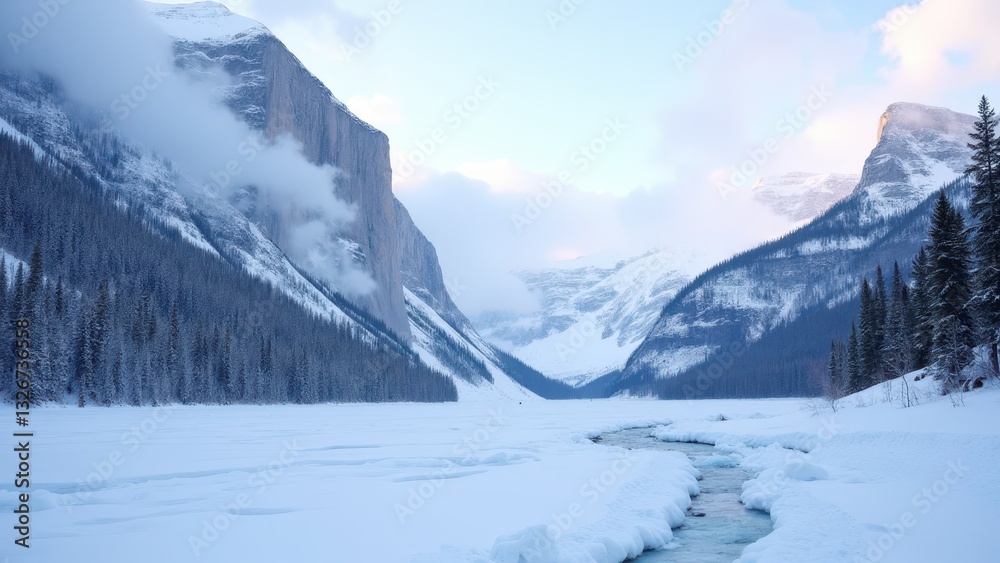Fototapeta premium Glacier National Park winter scene with snow-covered mountains, a frozen river, and pine trees.