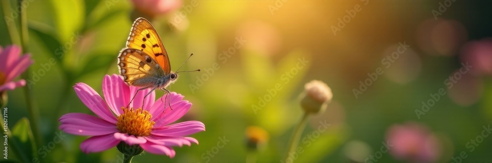 Delicate butterfly perched on vibrant wildflower, sunlight dappled petals , butterfly, colorful, stem Delicate butterfly perched on vibrant wildflower, sunlight dappled petals , butterfly, colorful, stem