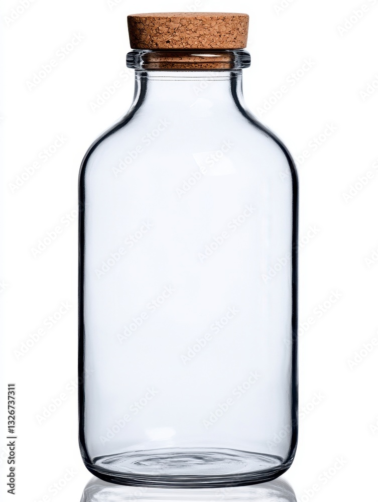 Clear glass bottle with a cork stopper on a white background. Studio shot. Clear glass bottle with a cork stopper on a white background. Studio shot.
