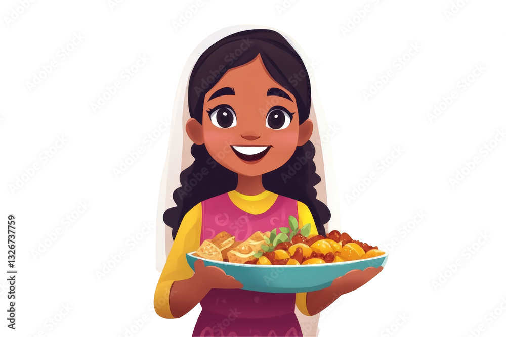 Cartoon Indian Girl Holding Plate of Delicious Foods Vector Illustration. Cartoon Indian Girl Holding Plate of Delicious Foods Vector Illustration.