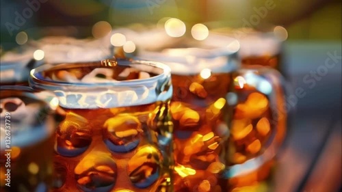 German beer in large glass mug for celebration holiday Oktoberfest, abstract vivid composition consists of background for diverse creative work