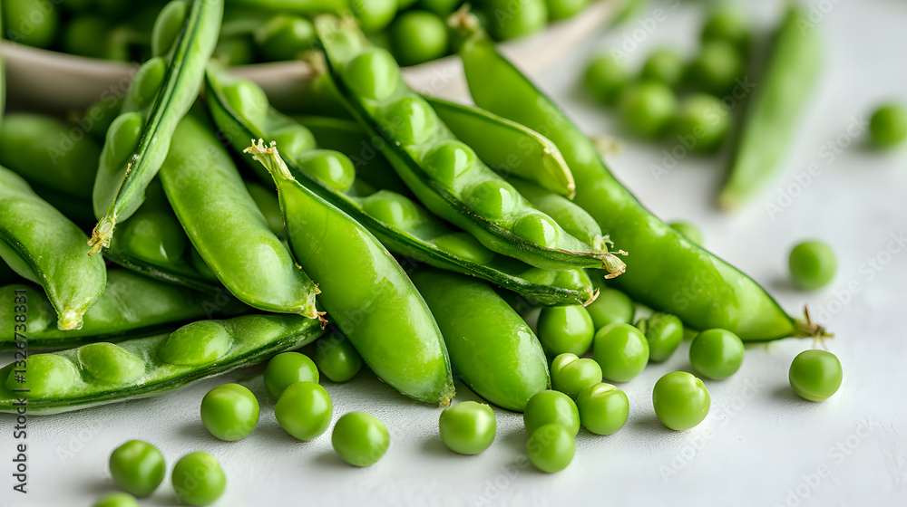 Fresh green peas, some in pods and some shelled, are scattered on white surface Fresh green peas, some in pods and some shelled, are scattered on white surface
