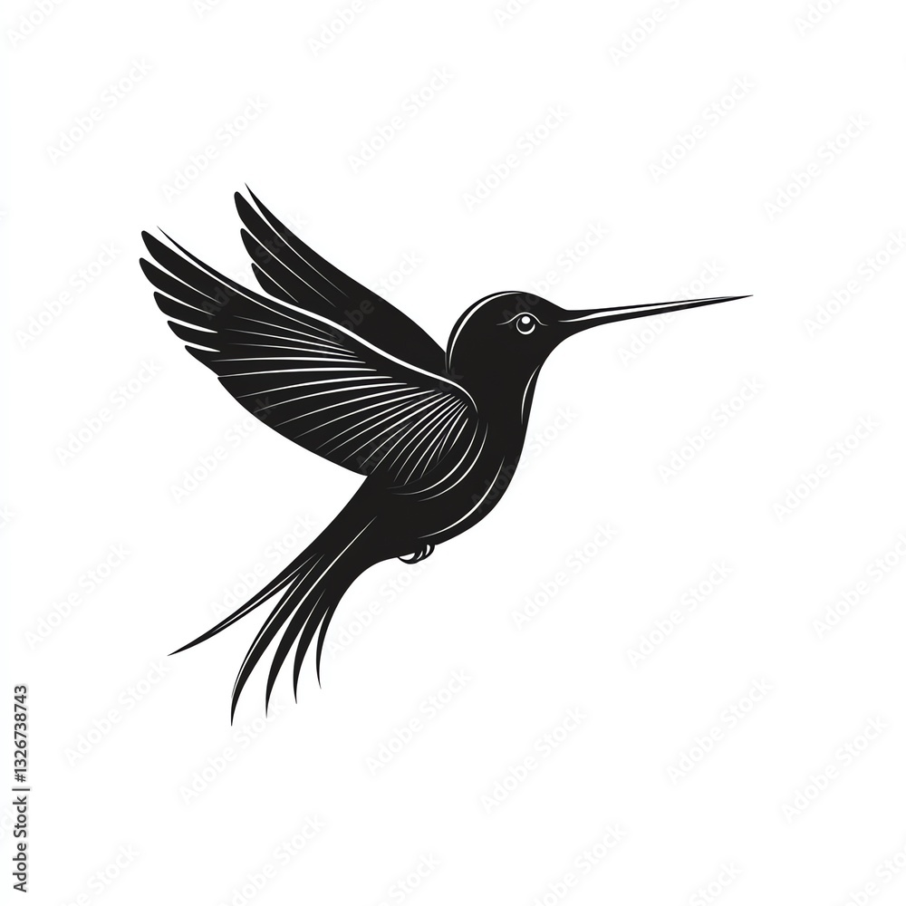 Fototapeta premium Elegant Hummingbird in Flight A Minimalist Black Silhouette Against a White Background
