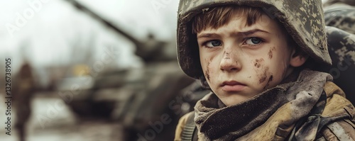 Young soldier wearing helmet and dirty face standing near tank during wartime