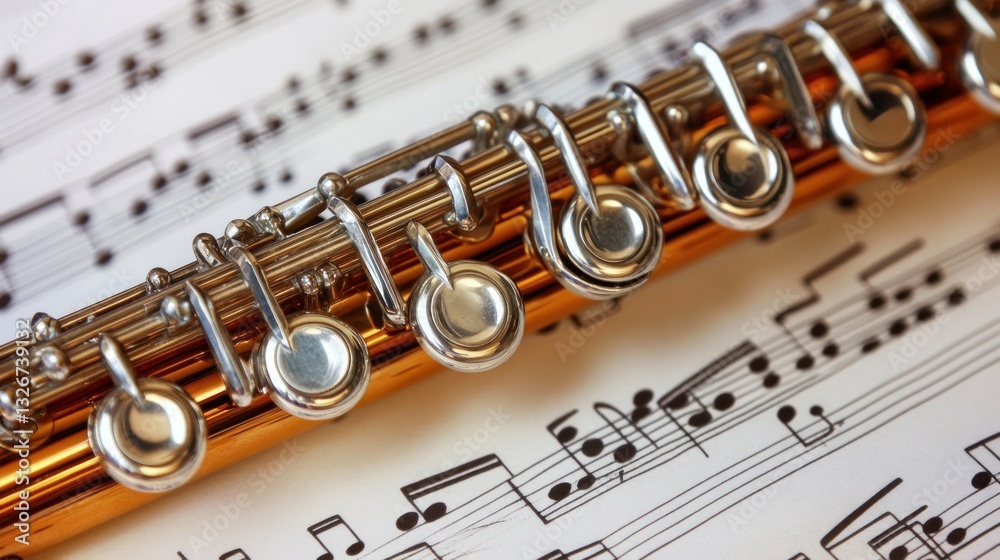 Naklejka premium Close-up view of an orange flute on sheet music with musical notes background