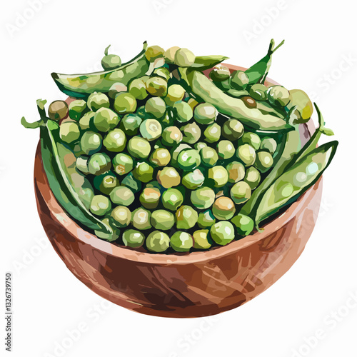 Watercolor Illustration of a Wooden Bowl Filled with Fresh Green Peas