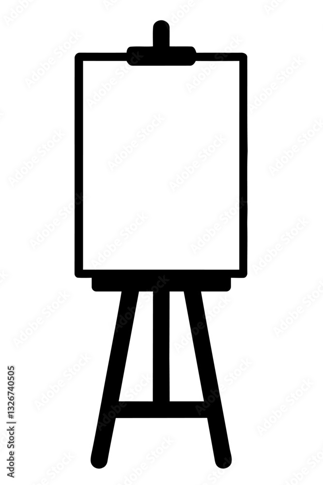 A black and white illustration of an easel with a blank canvas on a tripod stand, set against a plain background.