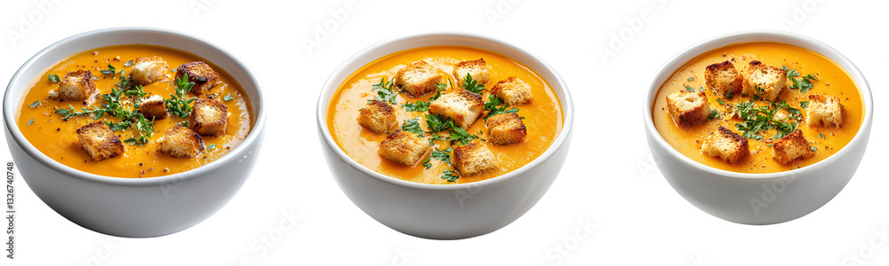 Seasonal traditions! The photo shows a bowl of orange soup with croutons and herbs on top, set against a transparent background Seasonal traditions! The photo shows a bowl of orange soup with croutons and herbs on top, set against a transparent background
