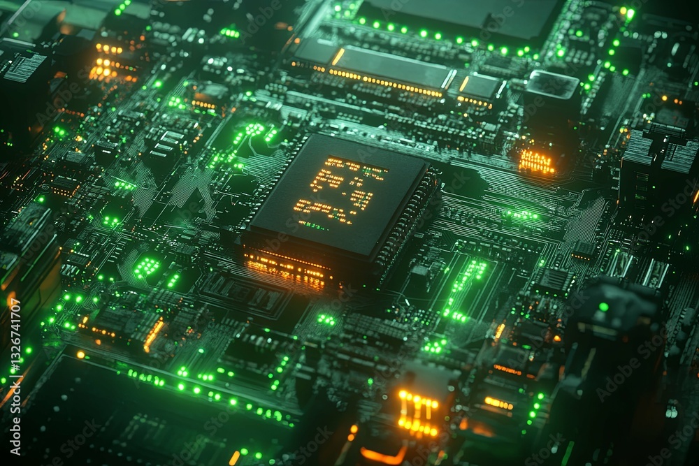 Close up image of a glowing computer processor circuit board