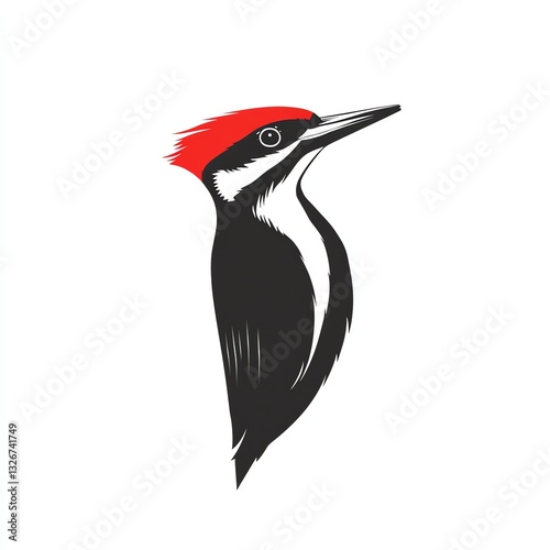 Majestic Red-Crested Woodpecker, a striking minimalist design in black and red against a stark white background. A captivating avian profile. photo