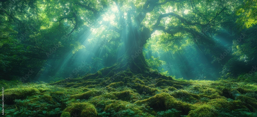 Obraz premium Lush Green Rainforest with Ancient Tree Trunk in Mystic Ambiance