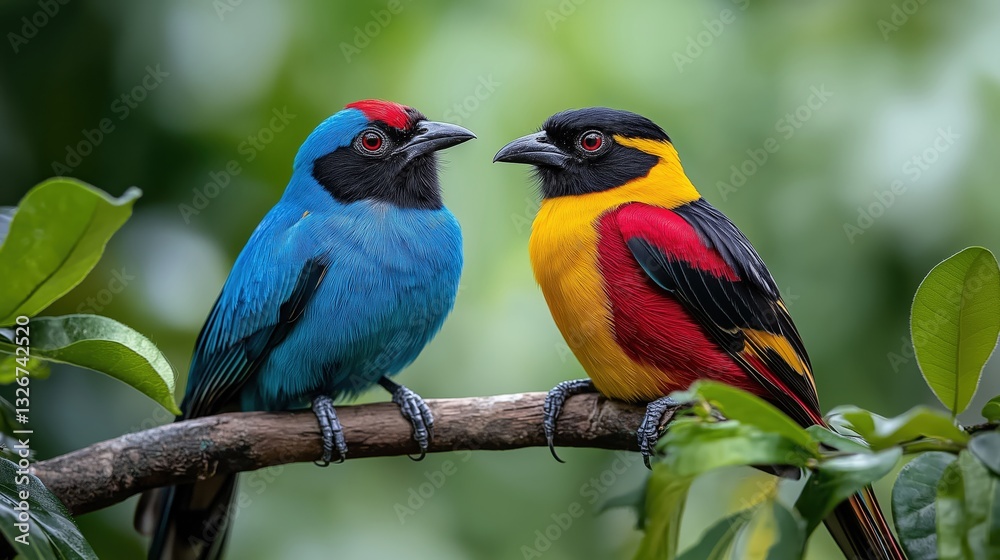 Obraz premium Two colorful birds sitting on leaves, one blue bird and the other red, black, and yellow in color, on a branch, with a green background