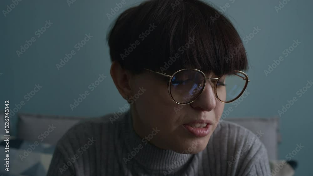 Close-up shot of Caucasian brunette young woman with short hair wearing glasses and grey sweater sharing her feelings during mental health consultation Close-up shot of Caucasian brunette young woman with short hair wearing glasses and grey sweater sharing her feelings during mental health consultation