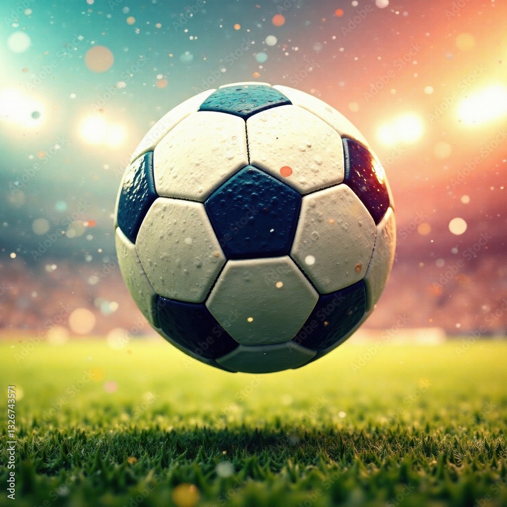 Fototapeta premium Grunge textured soccer ball mid-air, dynamic motion blur , kick, retro, background