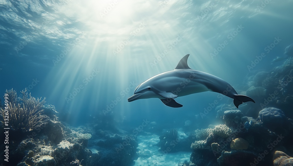 Naklejka premium dolphin underwater in the rays of light