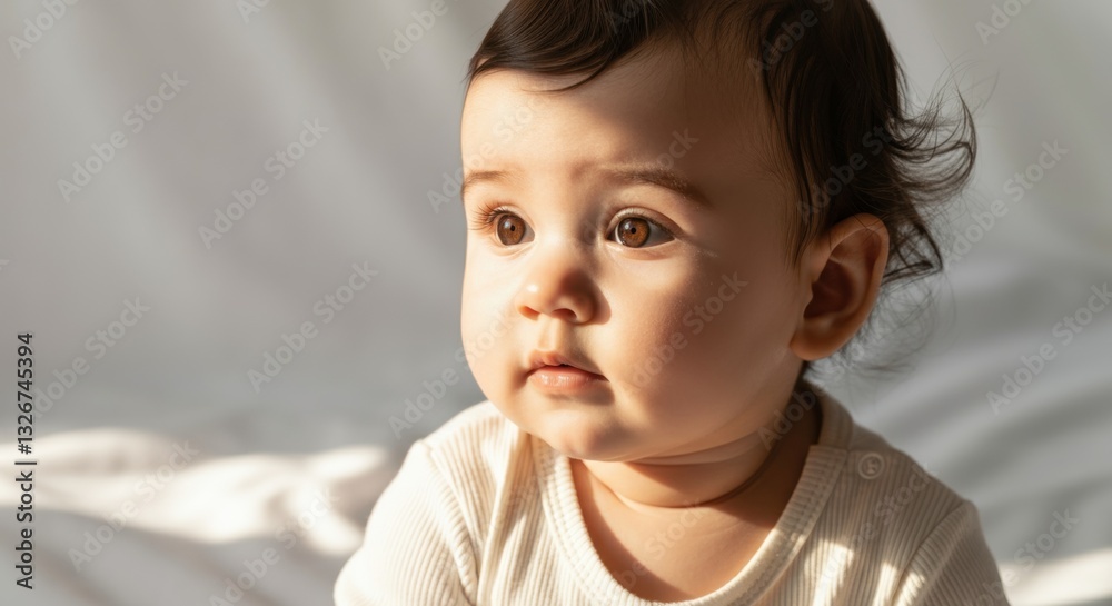 Asian infant in soft light with curious expression and dark hair Asian infant in soft light with curious expression and dark hair