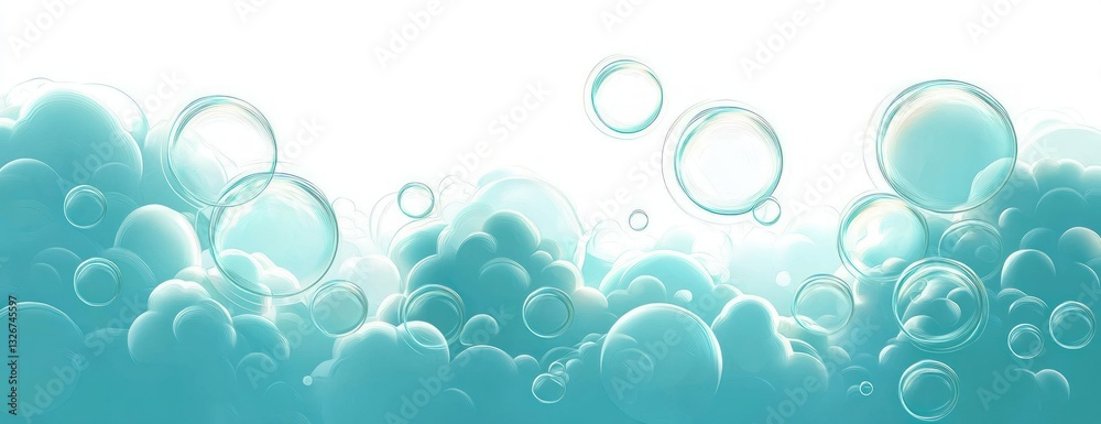 Soft Turquoise Background with Transparent Soap Bubbles Floating Above Clouds Soft Turquoise Background with Transparent Soap Bubbles Floating Above Clouds