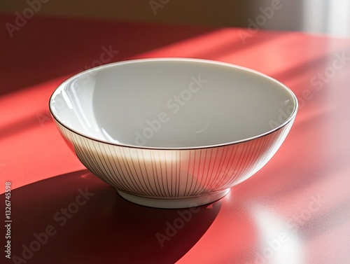 Empty white bowl on red table in sunlight photo
