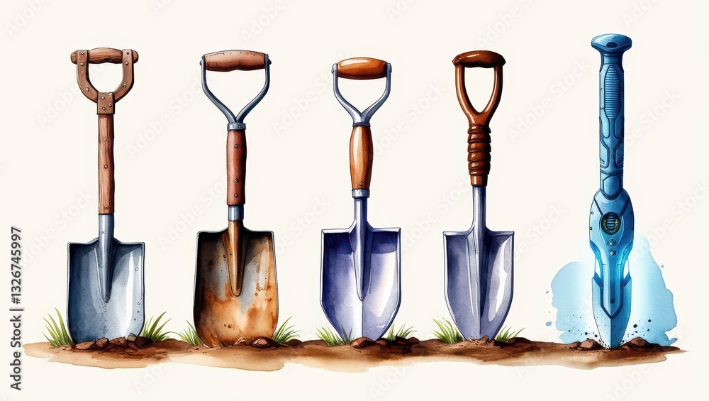 Fototapeta premium Collection of Vintage and Futuristic Shovels Digging Tools Gardening Equipment Watercolor