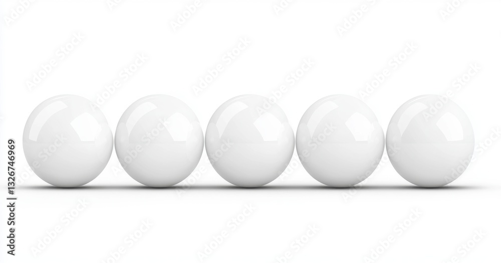 Five glossy white spheres arranged in a row against a plain white background. Simple, minimalist, and clean aesthetic.