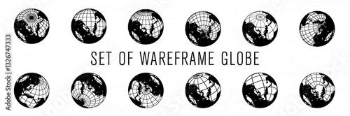 Set of Wireframe Globes Displaying Various Geographic and Globe Map Projections