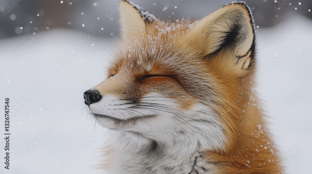 Fototapeta premium A beautiful golden fox with closed eyes sits in the snow, snowflakes falling around it.
