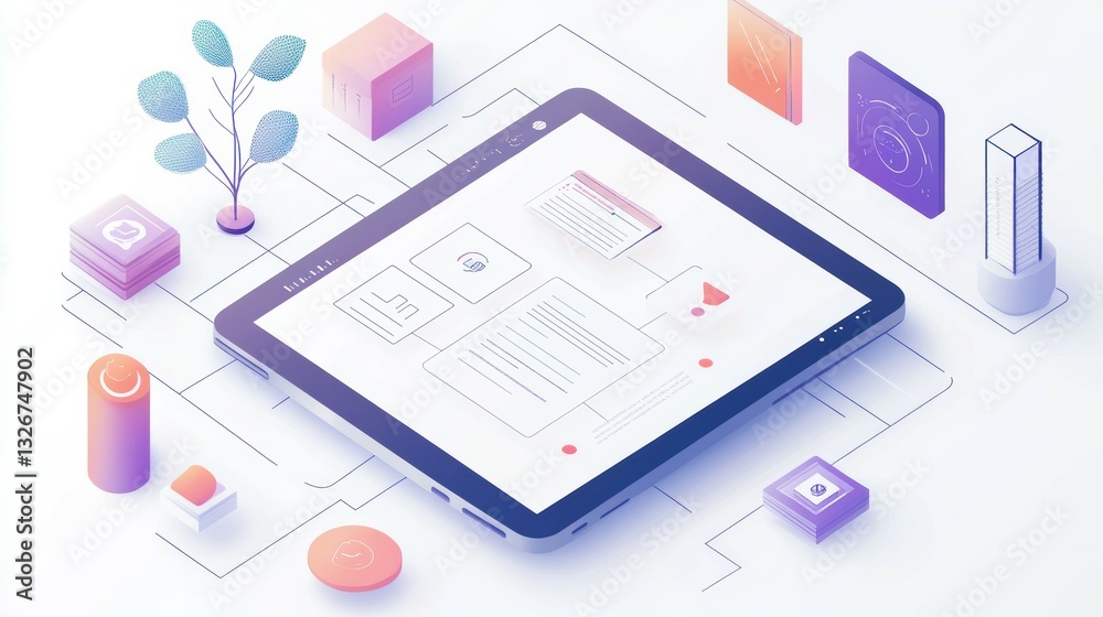 Futuristic Wireframe Tablet Displaying AI Concepts and Digital Elements Futuristic Wireframe Tablet Displaying AI Concepts and Digital Elements