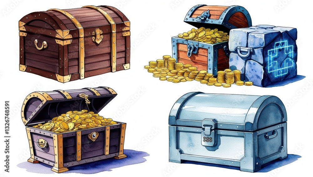 Collection of Fantasy Treasure Chests Gold Coins and Stone Chest Game Assets Cartoon Illustration