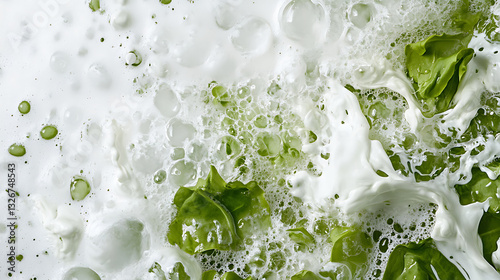dynamic close up of fresh green lettuce leaves splashed with creamy white liquid, creating energetic and refreshing composition with bubbles and droplets