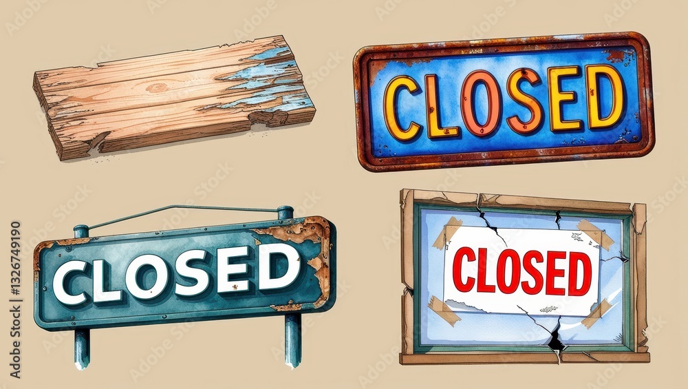 Fototapeta premium Rustic Weathered Closed Signs Collection Wooden Metal Broken Frames