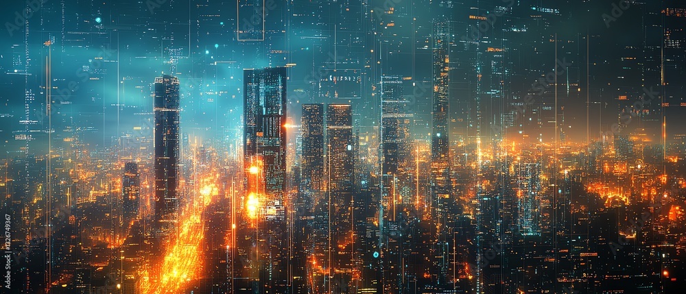 Fototapeta premium Futuristic city glowing at night