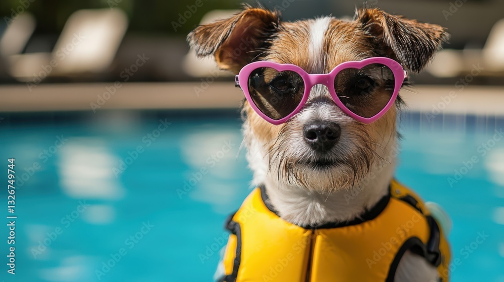 custom made wallpaper toronto digitalA cute dog wearing pink heart-shaped sunglasses and a yellow life jacket, standing next to a poo