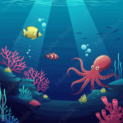 Exploring Deep Sea Life with Fish, Octopus, and Coral Reef