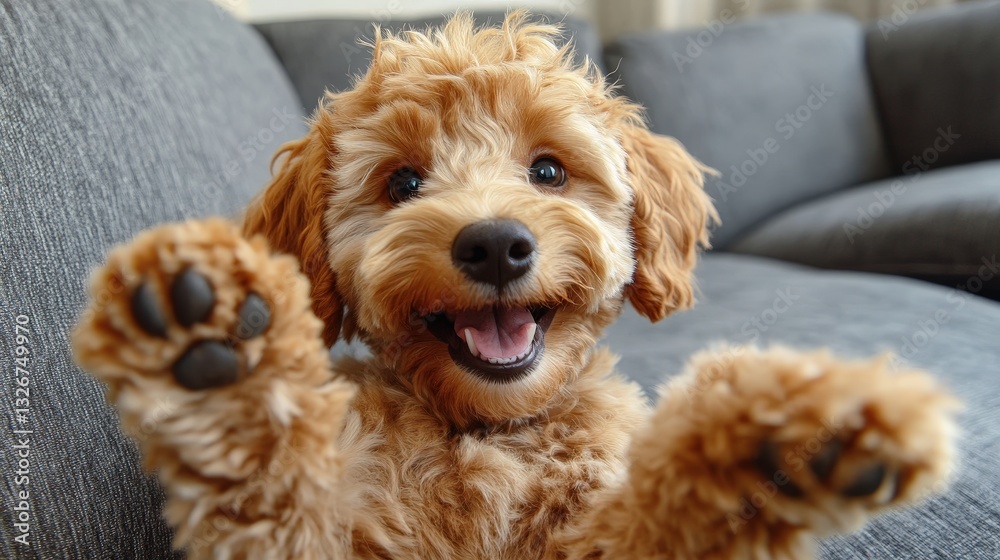 A cute goldendoodle is taking a selfie, smiling and waving its paw at home, with a happy expression. A cute goldendoodle is taking a selfie, smiling and waving its paw at home, with a happy expression.
