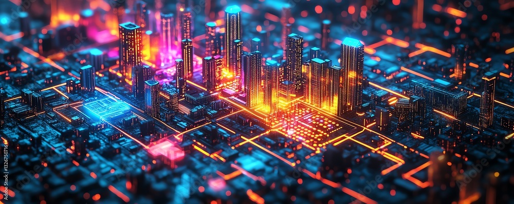 Obraz premium A vibrant, abstract city model with GIS geodata layers, showcasing futuristic urban details, digital streets, and glowing infrastructure, highlighting advanced city management