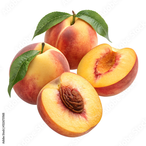 Fresh Peaches with Leaves, Perfect for Summer Recipes, Isolated on Transparent Background
