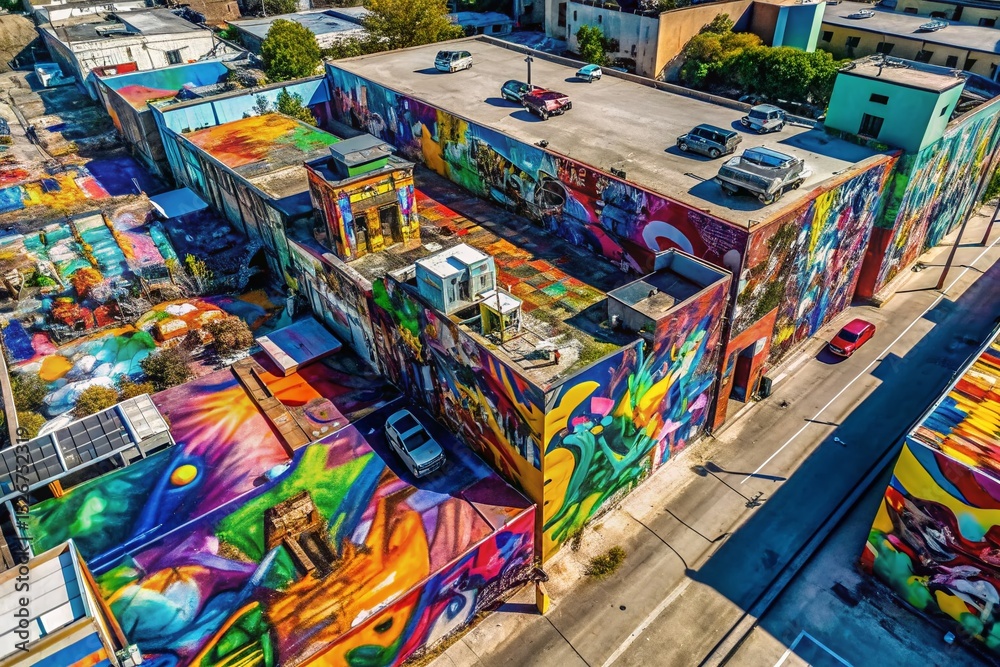 Fototapeta premium Drone View Vibrant Urban Graffiti Wall, Chaotic Street Art Colors & Shapes