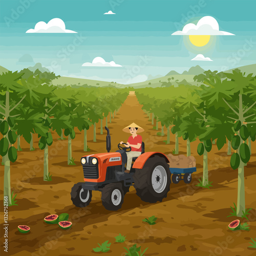 Farmer Driving Tractor in Orchard Harvesting Produce Under a Sunny Sky