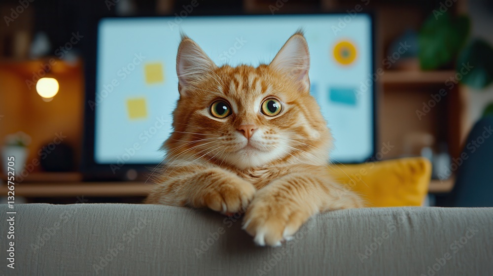 Playful Ginger Cat Curiously Peeking Over Couch with Modern Home Background Playful Ginger Cat Curiously Peeking Over Couch with Modern Home Background
