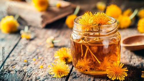 A glass jar brimming with freshly picked dandelion flowers and brown sugar, showcasing the process of making herbal syrup