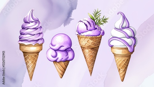 Delicious Purple Ice Cream Cones Watercolor Illustration of Sweet Treats Summer Desserts