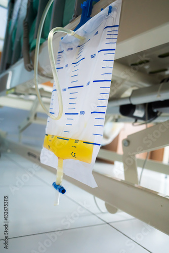 Urinary catheter measurement bag hung on the side of patient bed in hospital ward