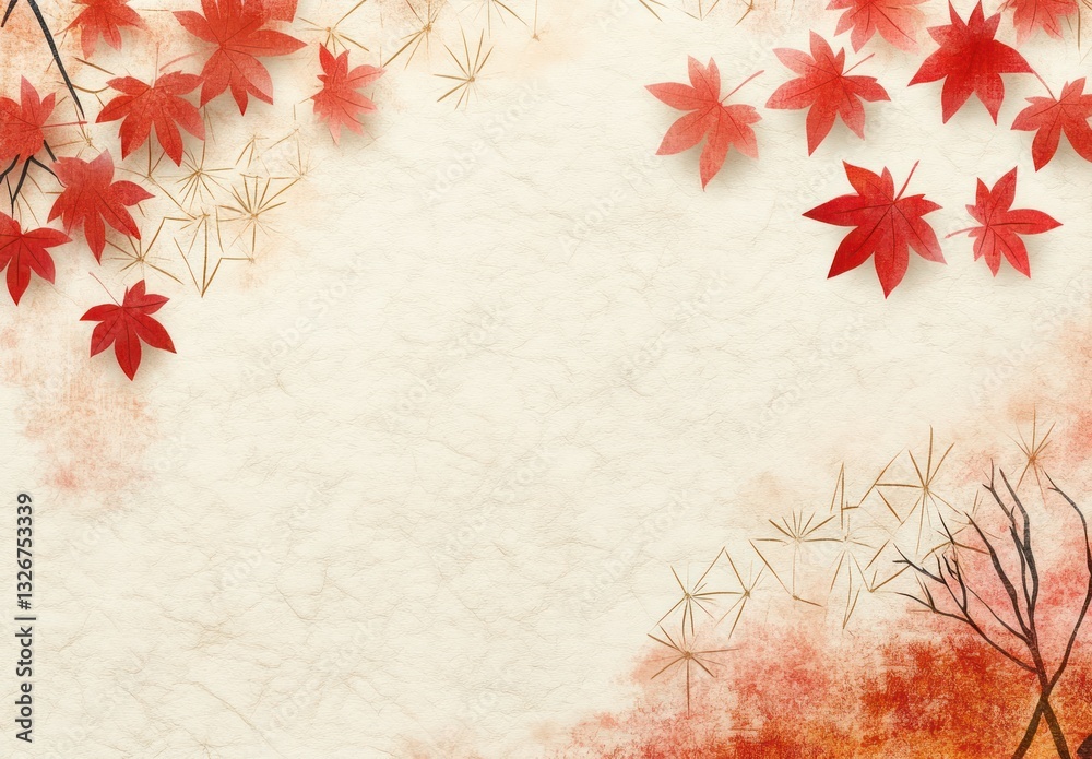 Japanese Traditional Art Minimalistic Design Maple Leaves Warm Beige Background Geometric Patterns Autumn Colors Japanese Traditional Art Minimalistic Design Maple Leaves Warm Beige Background Geometric Patterns Autumn Colors