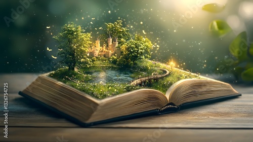 A whimsical and surreal scene where a fantastical fairytale kingdom complete with floating castles magical bridges and sparkling rivers unfolds from the pages of an open book