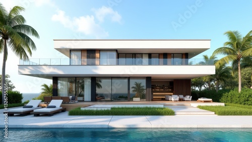 Wallpaper Mural Modern beachfront house with a pool, palm trees, and a spacious patio area Torontodigital.ca