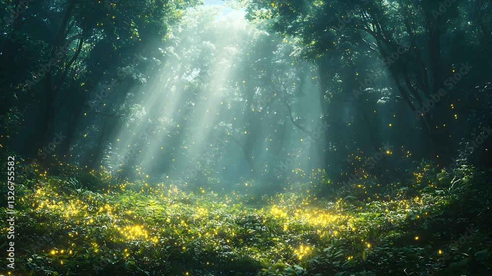 Naklejka premium Enchanting Rainforest with Glowing Vines and Towering Trees