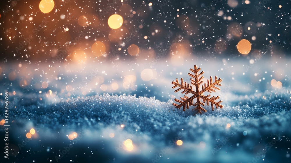 Fototapeta premium Festive snowflake in snowy landscape, bokeh lights, winter holiday background, perfect for seasonal greetings