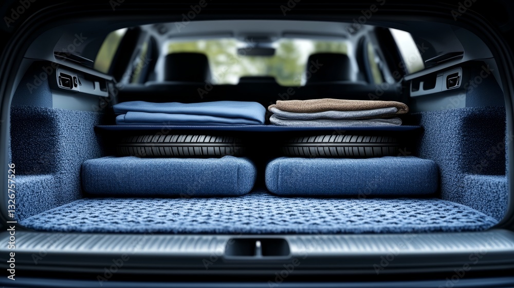 Obraz premium Neatly stacked clothing and cushions fill a spacious car trunk, showcasing an ideal setup for road trips or travel