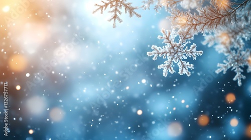 Frosty winter scene snowflakes on branches, bokeh background. Ideal for holiday cards or winter themes