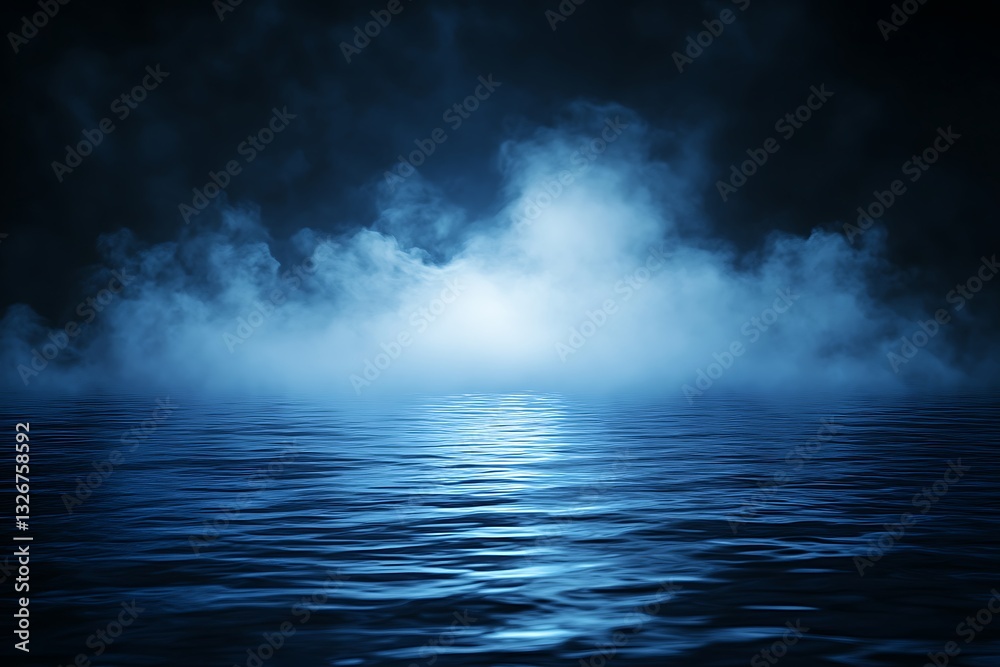 Mysterious glowing neon water surface with fog and white light Mysterious glowing neon water surface with fog and white light